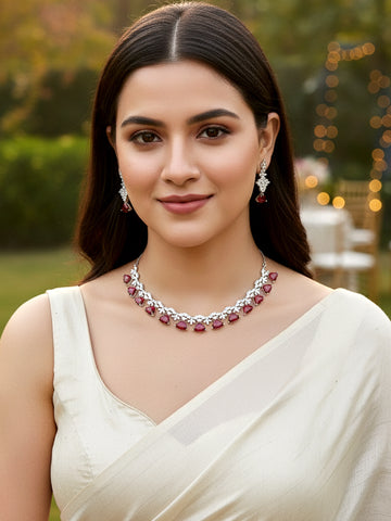 Karatcart Silver Tone Red Triangular Shape Cubic Zirconia Necklace Set for Women