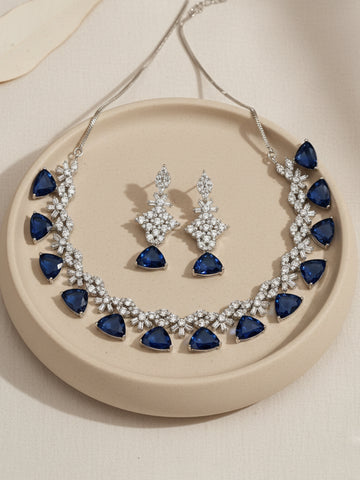 Karatcart Silver Tone Blue Triangular Shape Cubic Zirconia Necklace Set for Women