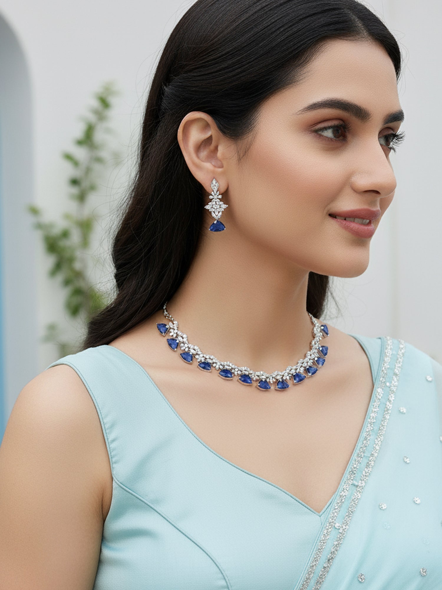 Karatcart Silver Tone Blue Triangular Shape Cubic Zirconia Necklace Set for Women