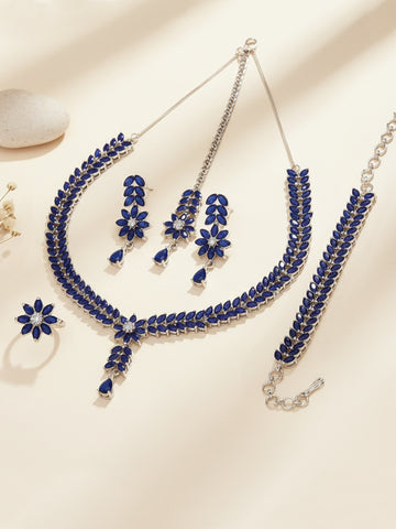 Karatcart Silver Tone Blue Cubic Zirconia Studded Jewellery Set for Women