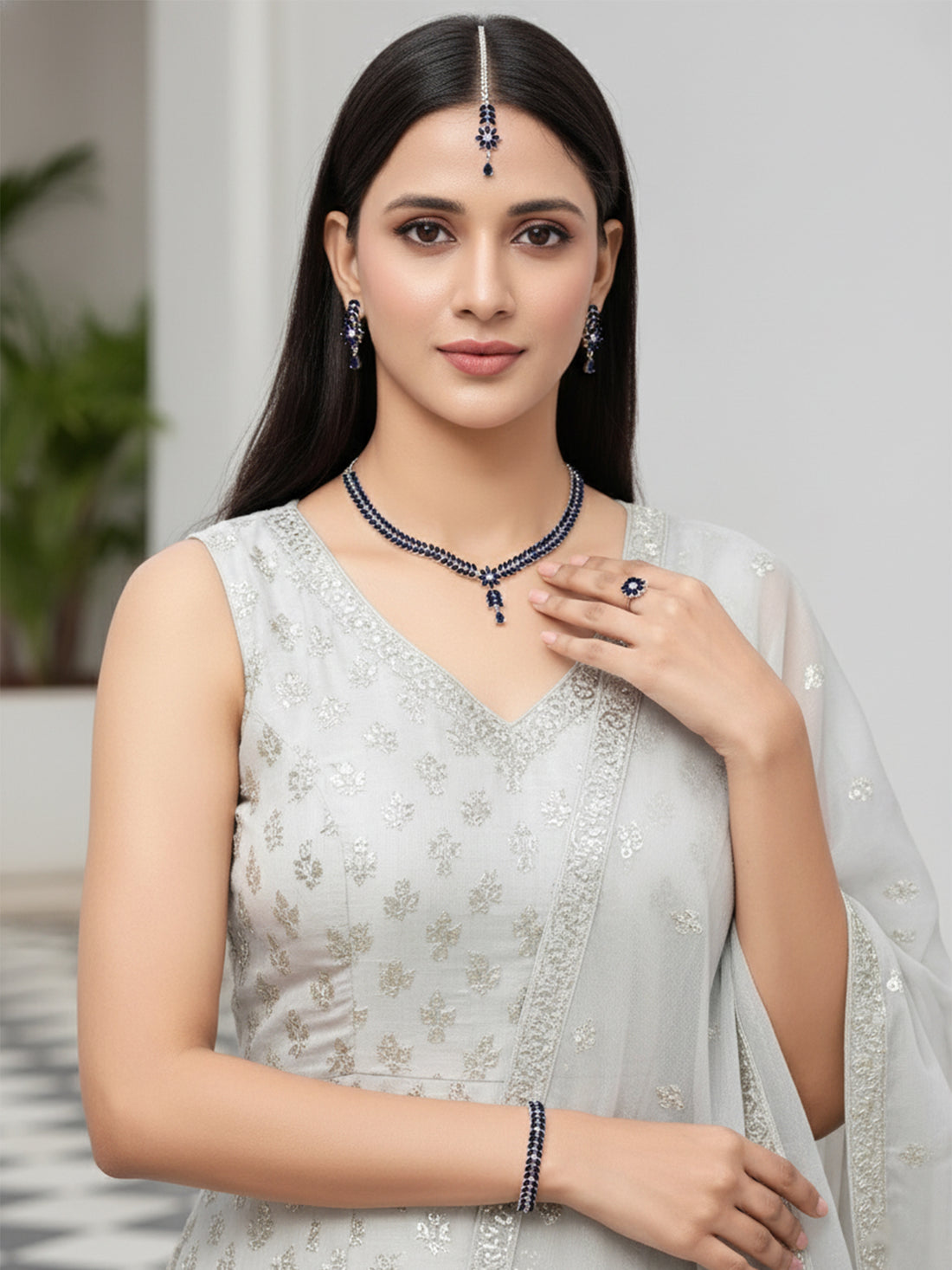 Karatcart Silver Tone Blue Cubic Zirconia Studded Jewellery Set for Women