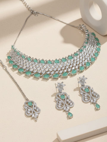 Karatcart Light Green Cubic Zirconia Silver Plated Choker Necklace Set for Women