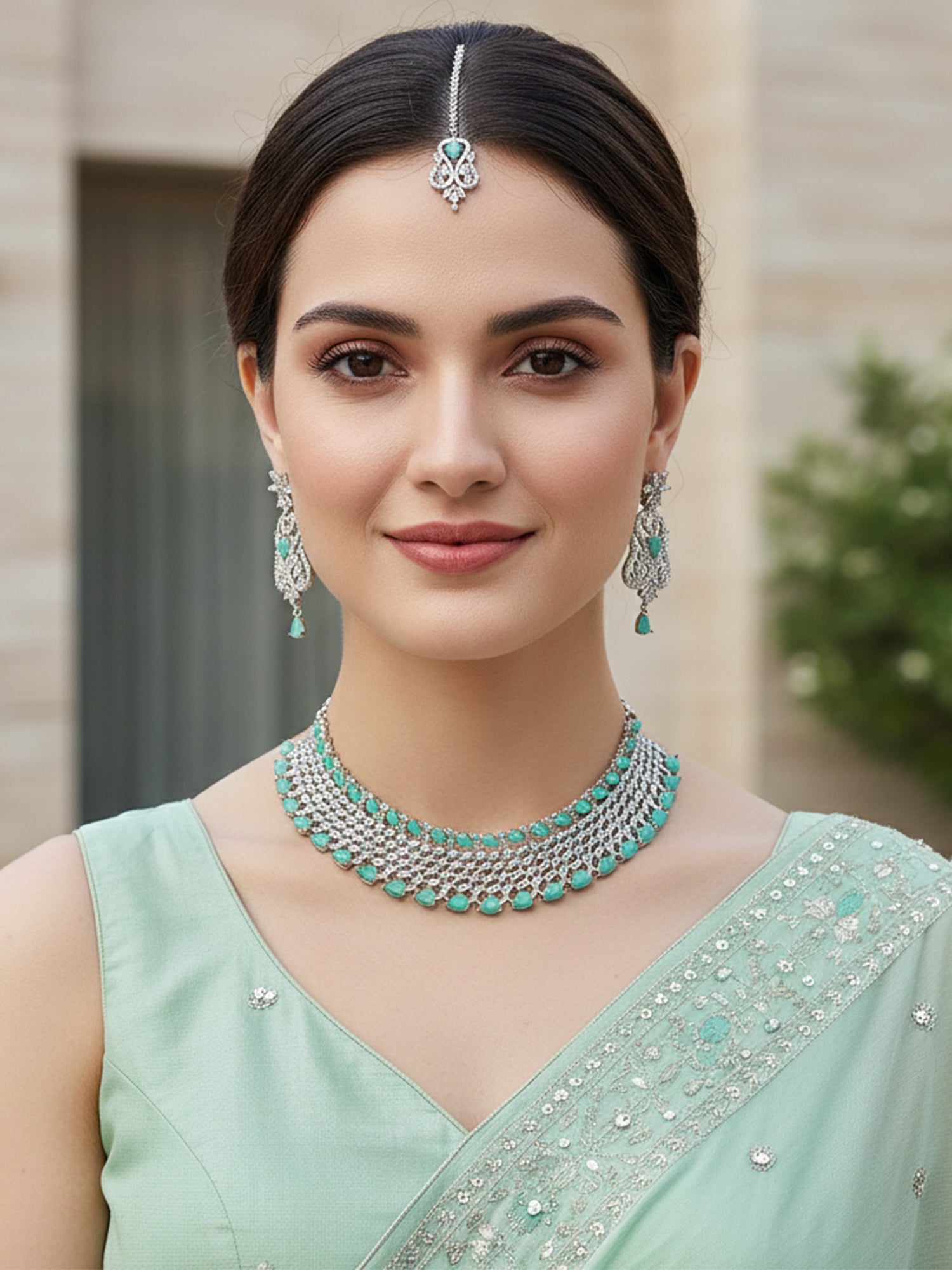 Karatcart Light Green Cubic Zirconia Silver Plated Choker Necklace Set for Women