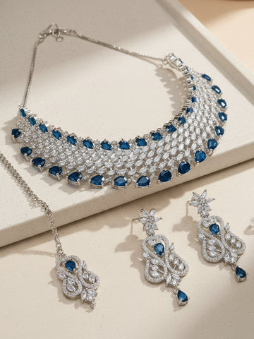 Karatcart Blue Cubic Zirconia Silver Plated Choker Necklace Set for Women