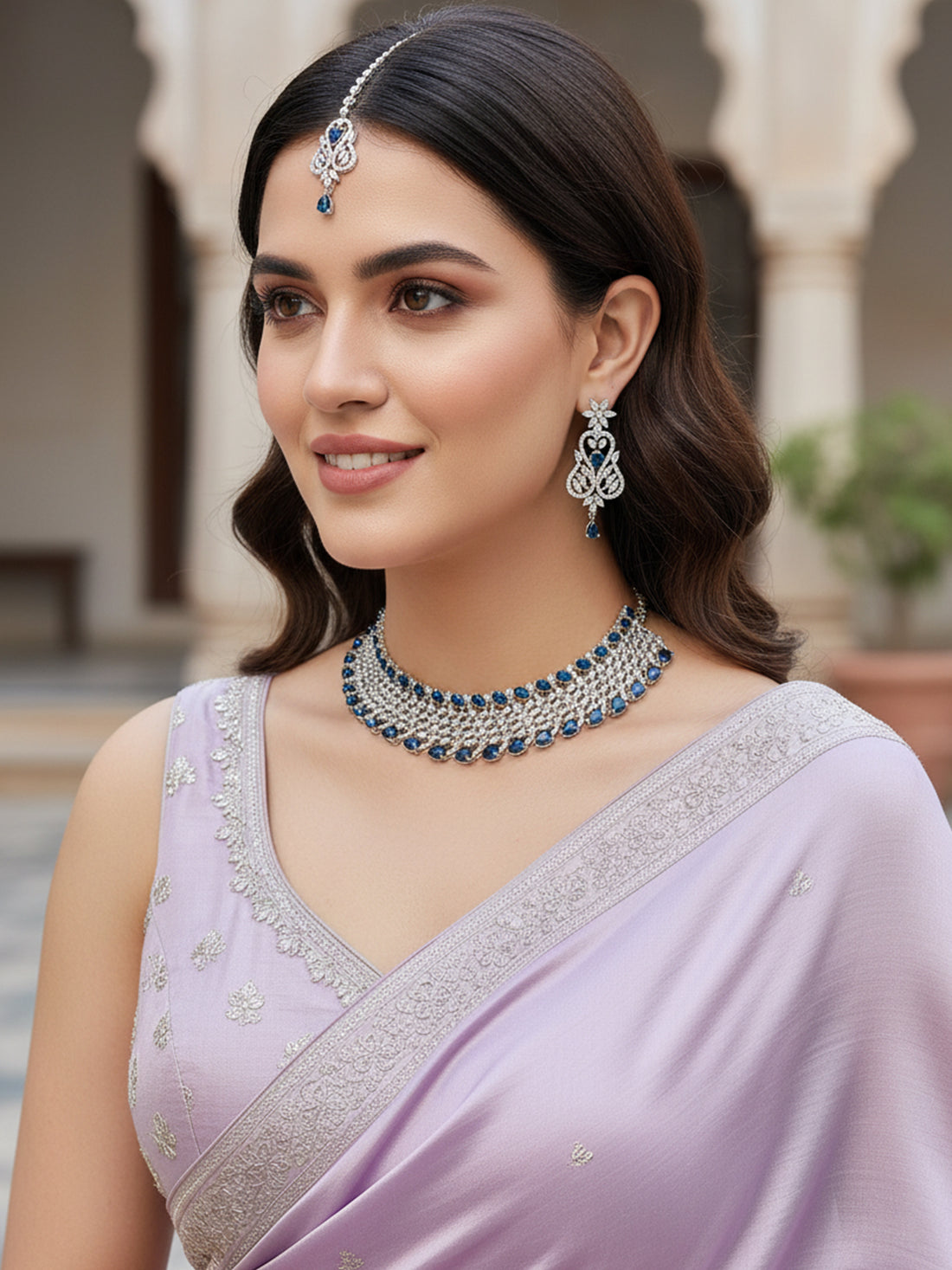 Karatcart Blue Cubic Zirconia Silver Plated Choker Necklace Set for Women