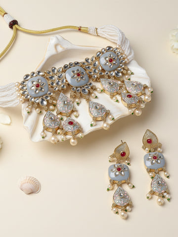 KARATCART Gold Plated Kundan Choker Grey Jewellery Set for Women