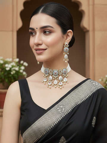 KARATCART Gold Plated Kundan Choker Grey Jewellery Set for Women