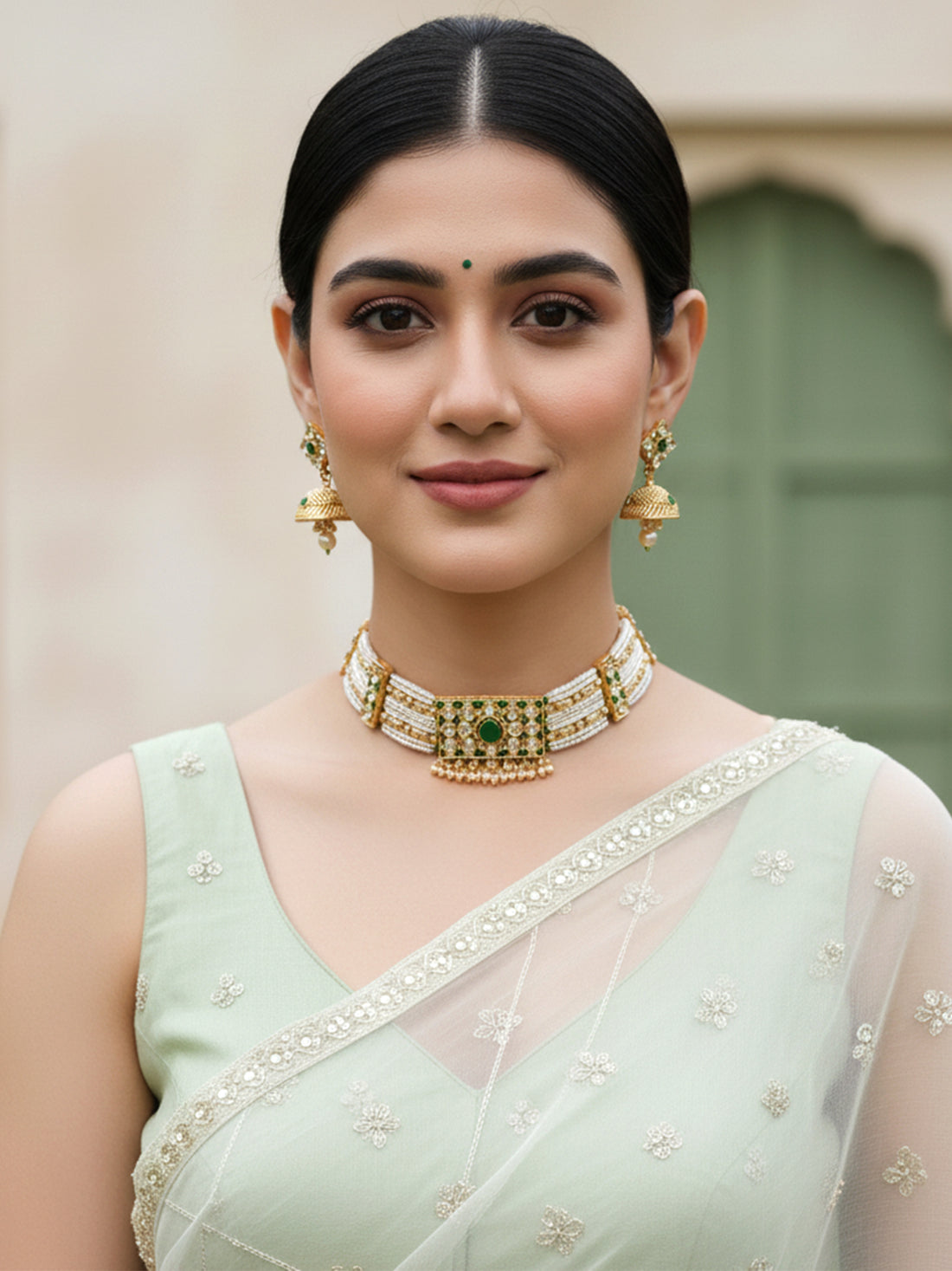 Karatcart Gold Plated Green Stone Choker Necklace Set for Women