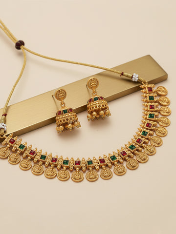 Karatcart Gold Plated Red & Green Stones Temple Jewellery Set for Women