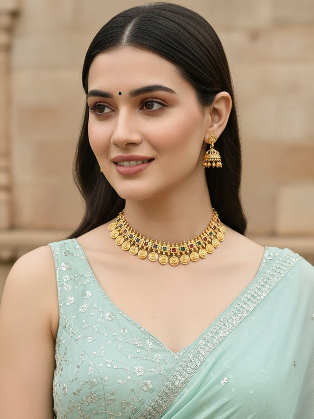 Karatcart Gold Plated Red & Green Stones Temple Jewellery Set for Women