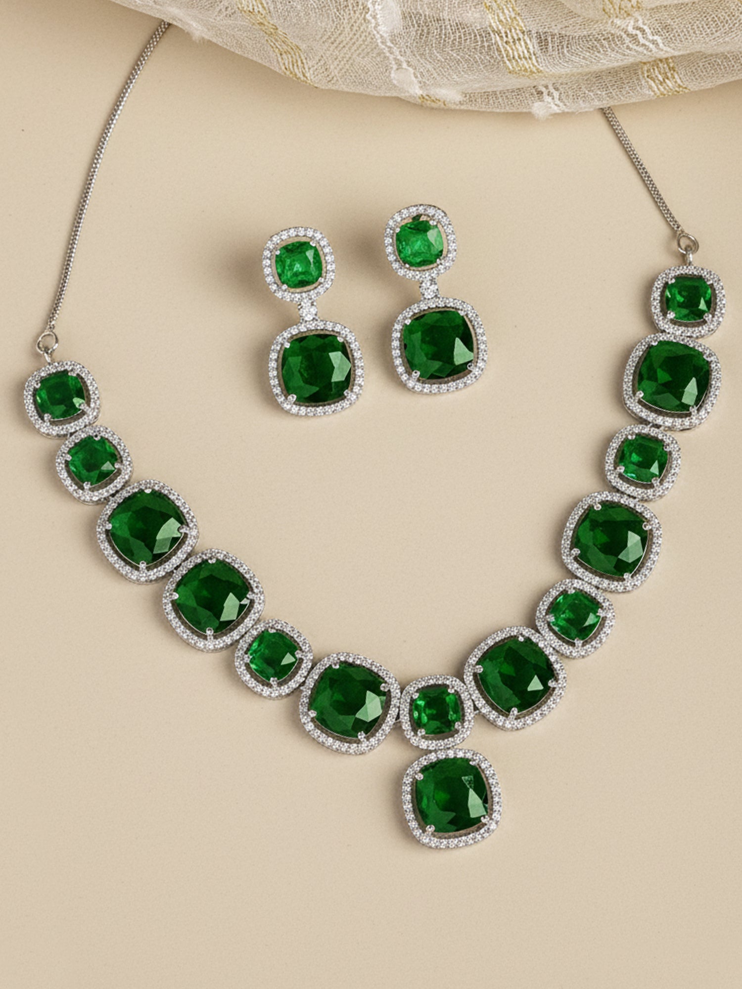 Karatcart Silver Plated Green Cubic Zirconia Traditional Jewellery Set