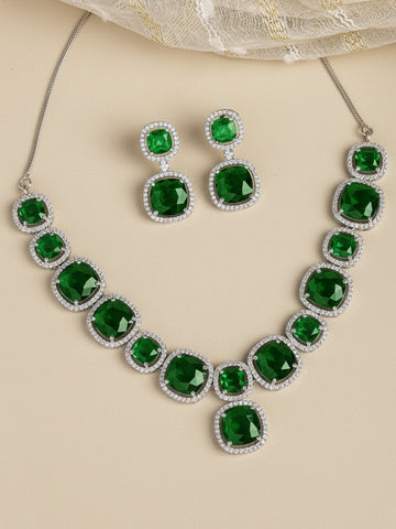 Karatcart Silver Plated Green Cubic Zirconia Traditional Jewellery Set