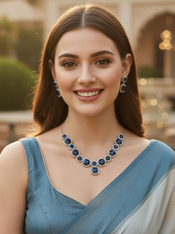 Karatcart Silver Plated Blue Cubic Zirconia Traditional Jewellery Set