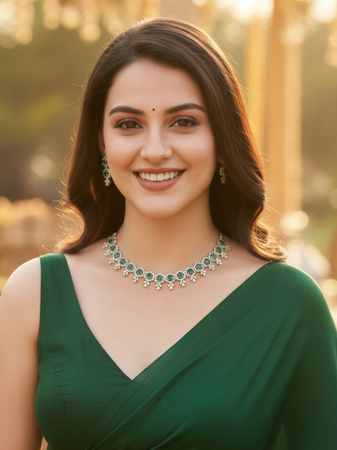 Karatcart Green Cubic Zirconia Studded Light Weight Jewellery Set for Women