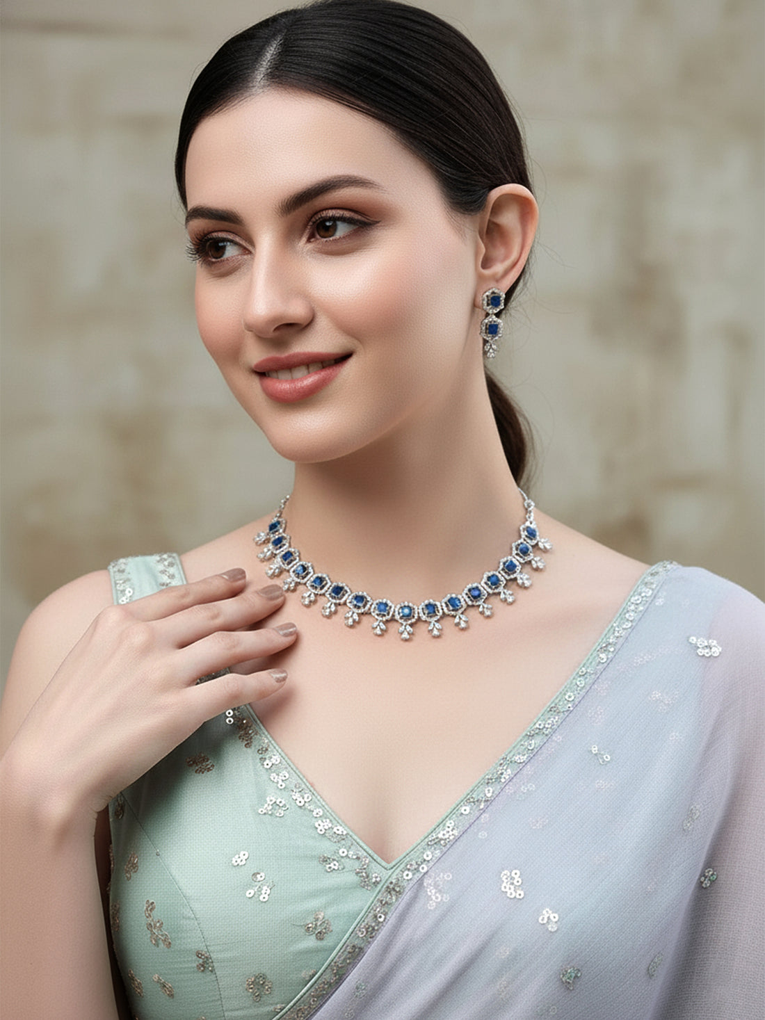 Karatcart Blue Cubic Zirconia Studded Light Weight Jewellery Set for Women