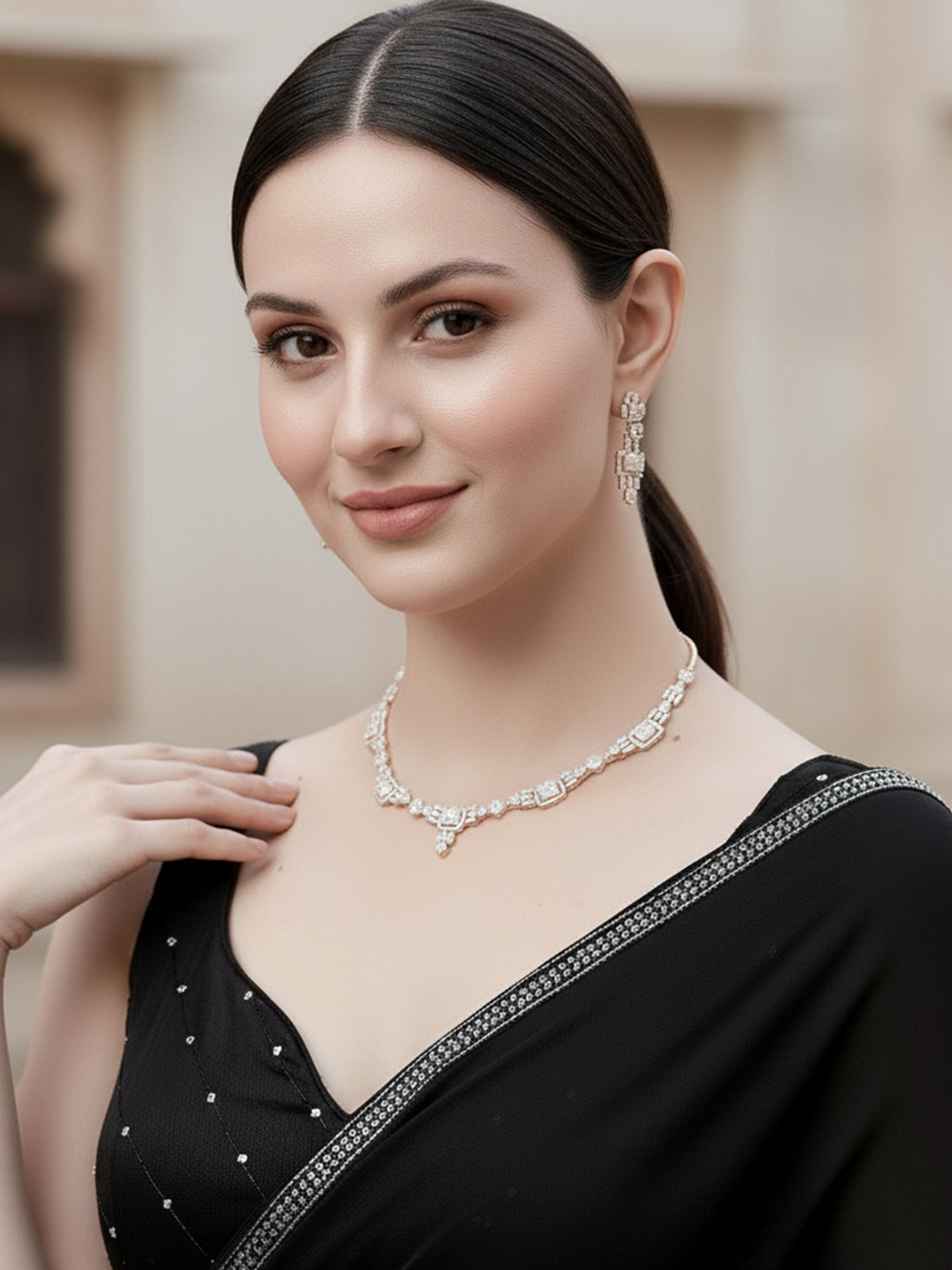 Karatcart Rose Gold Plated Cubic Zirconia Studded Necklace Set for Women