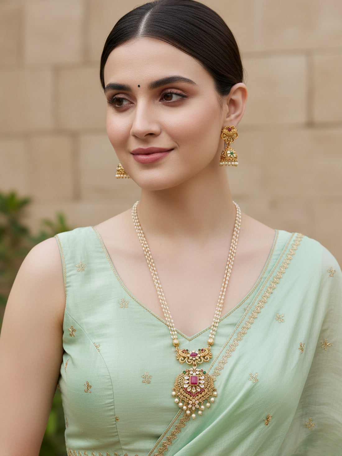 Karatcart Gold-Plated Stone-Studded Pearl Drop Beaded Temple Jewellery Set