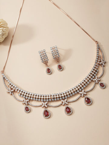 Karatcart Elegant Rose Gold Plated Necklace Set with Red Cubic Zirconia and Rhodium Finish for Women