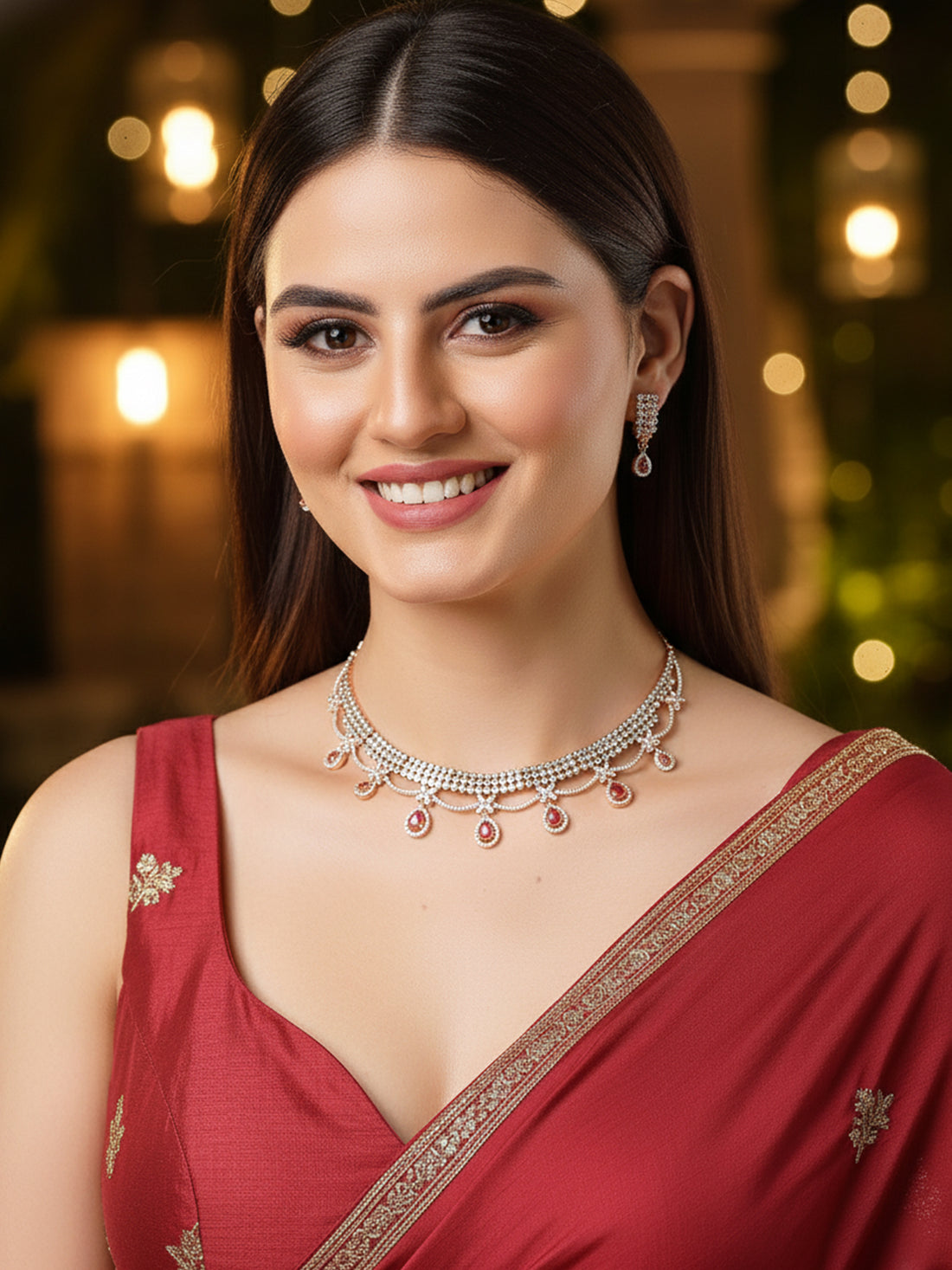 Karatcart Elegant Rose Gold Plated Necklace Set with Red Cubic Zirconia and Rhodium Finish for Women