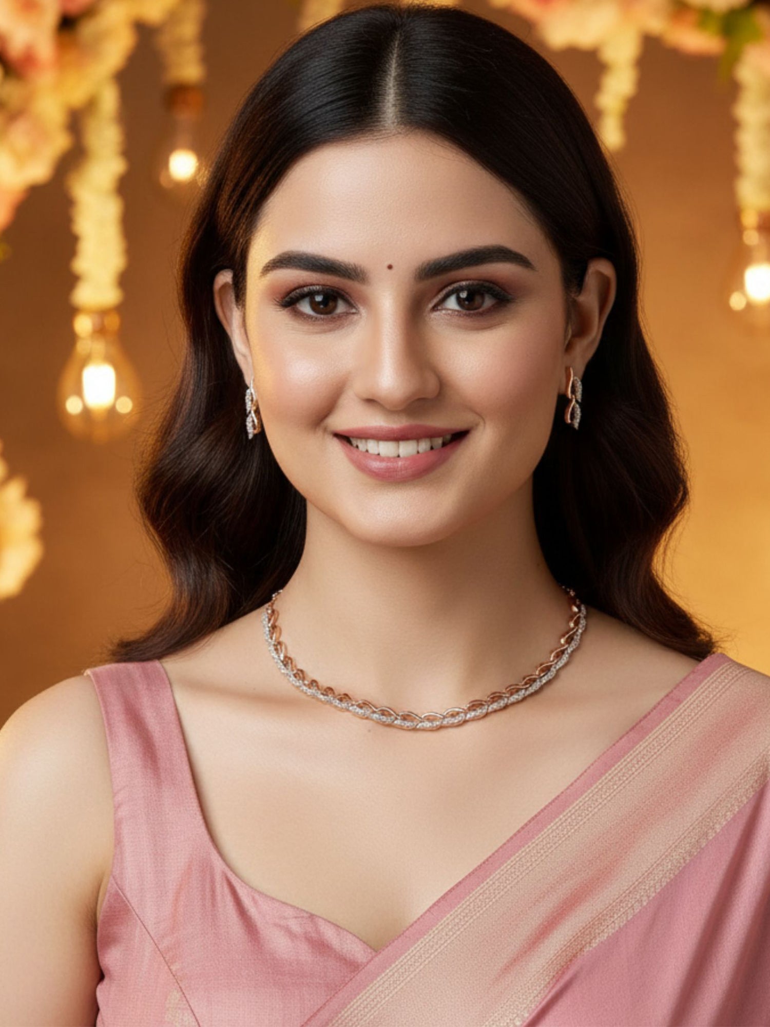 Karatcart Lightweight Rose Gold Necklace Set with Sparkling Cubic Zirconia and Sleek Rhodium Finish