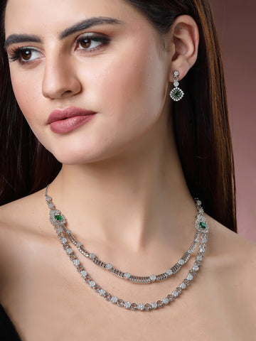 Karatcart Radiant Silver Necklace Set with Sparkling Cubic Zirconia and Polished Rhodium Finish