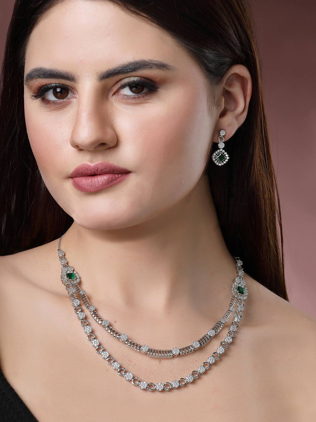 Karatcart Radiant Silver Necklace Set with Sparkling Cubic Zirconia and Polished Rhodium Finish