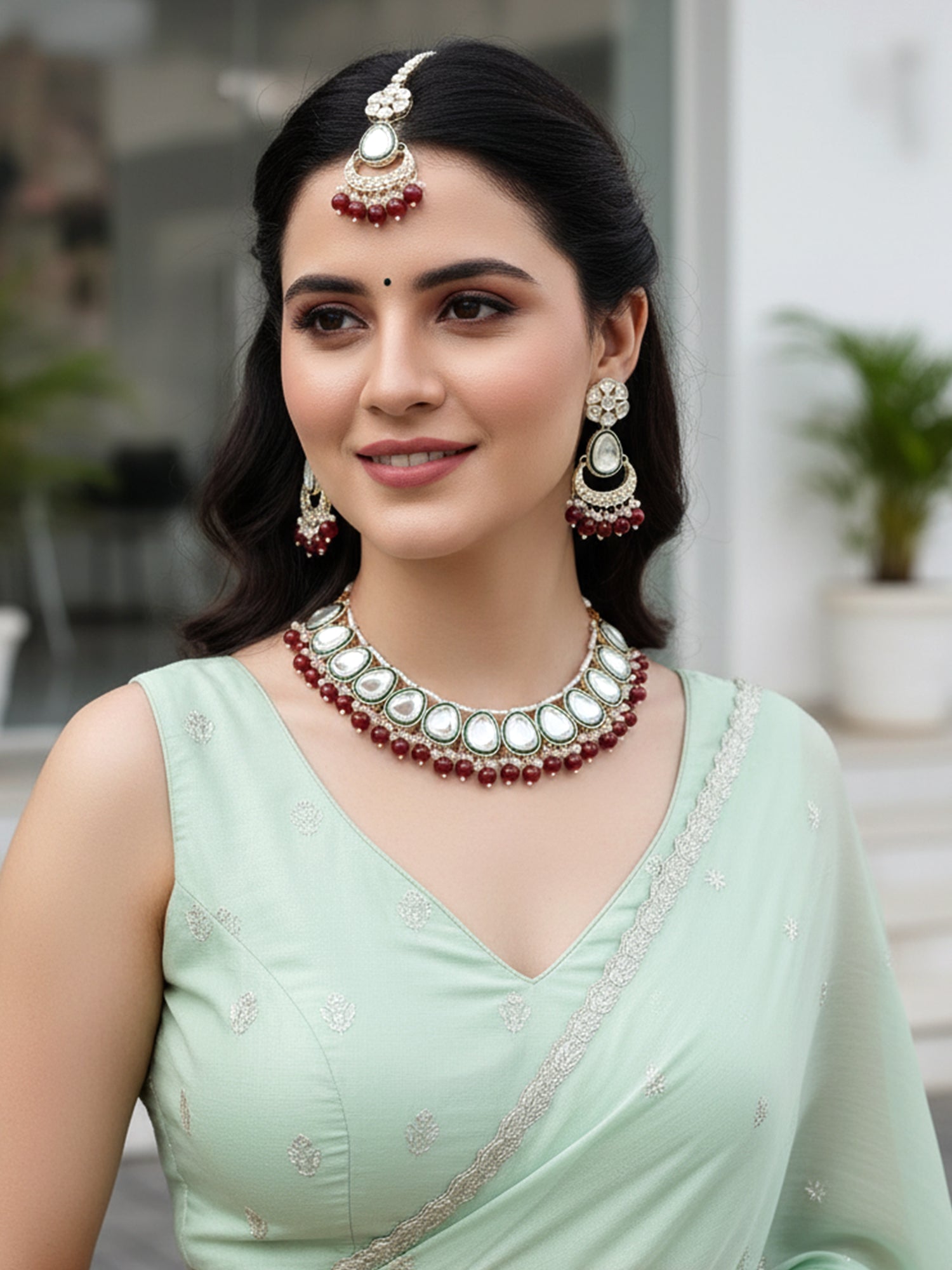 Karatcart Traditional Gold Plated Red Beads Polki Kundan Choker Necklace Set