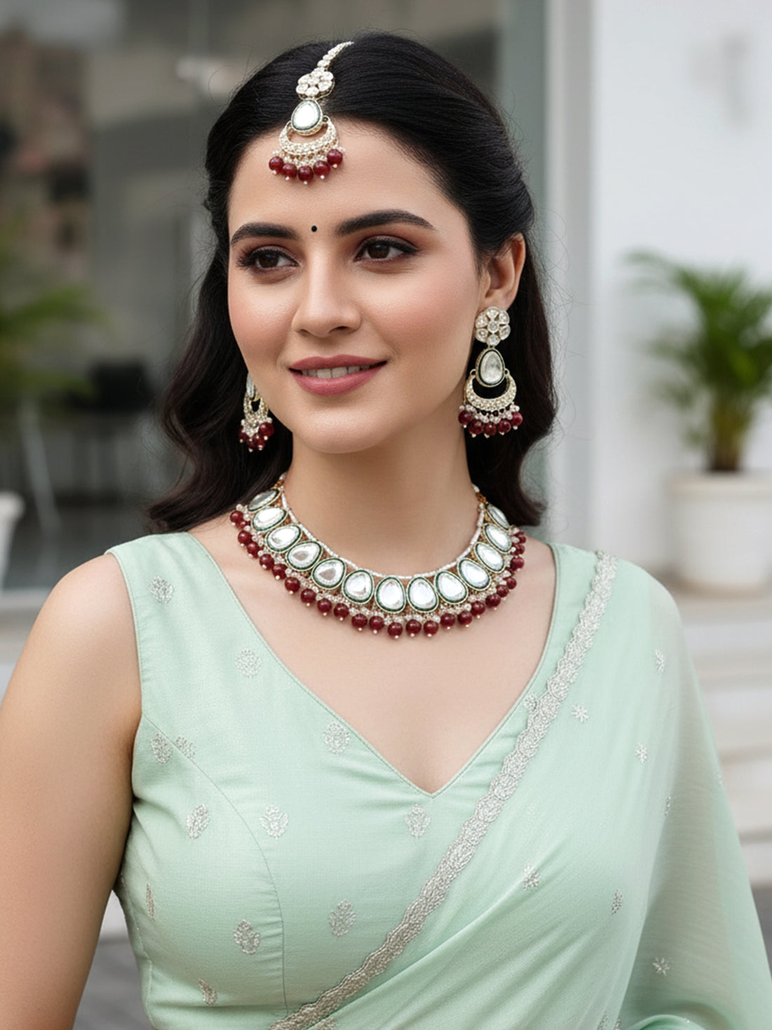 Karatcart Traditional Gold Plated Red Beads Polki Kundan Choker Necklace Set