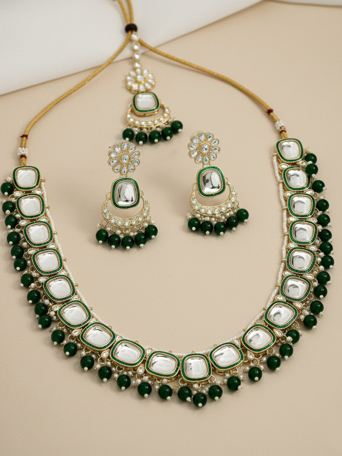 Karatcart Traditional Gold Plated Green Beads Polki Kundan Rani Haar Necklace Set