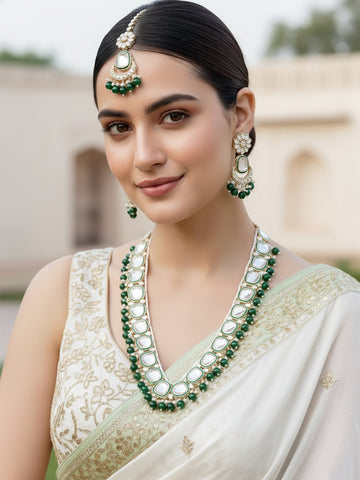 Karatcart Traditional Gold Plated Green Beads Polki Kundan Rani Haar Necklace Set