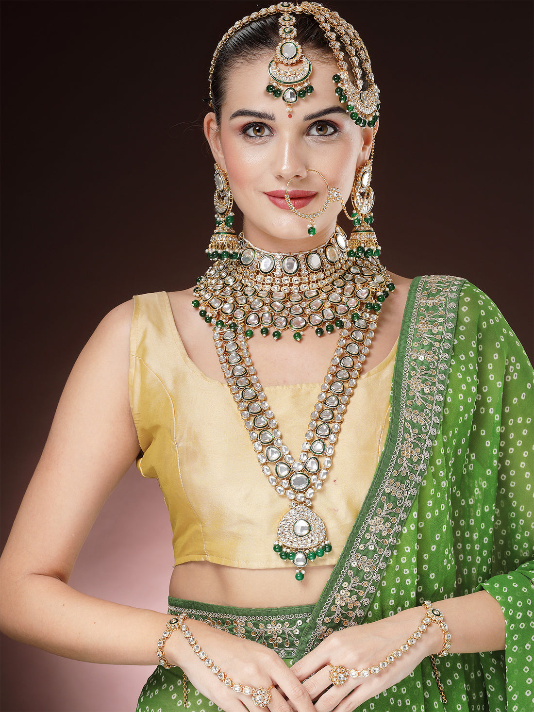 Karatcart Gold Plated Green Meena Ethnic Traditional Kundan Dulhan Bridal Jewellery Set