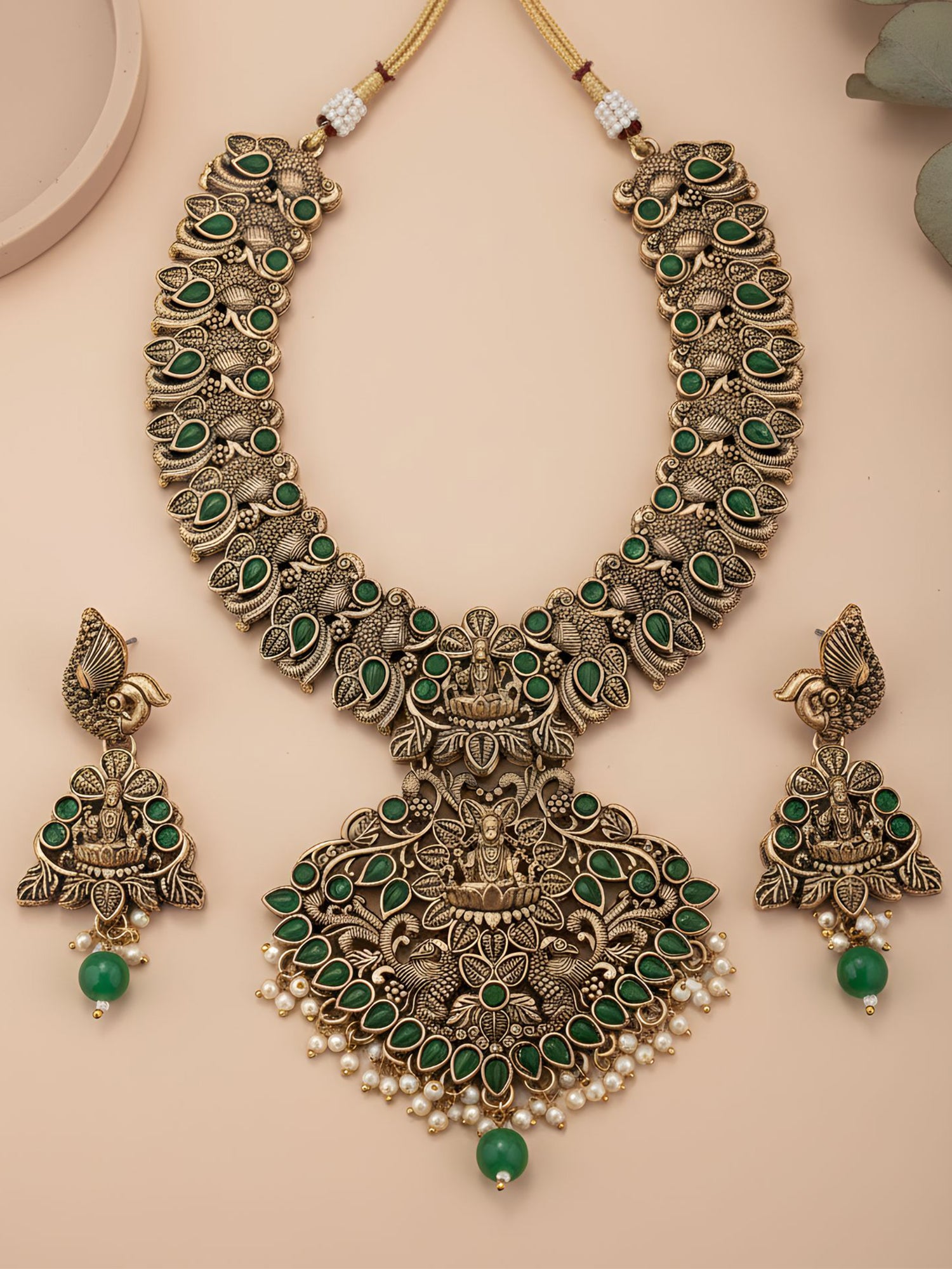 Karatcart Traditional Gold Plated Green Stone Laxmi Mata Temple Jewellery Set for Women