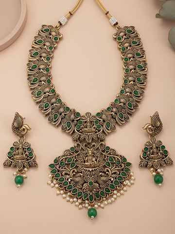 Karatcart Traditional Gold Plated Green Stone Laxmi Mata Temple Jewellery Set for Women