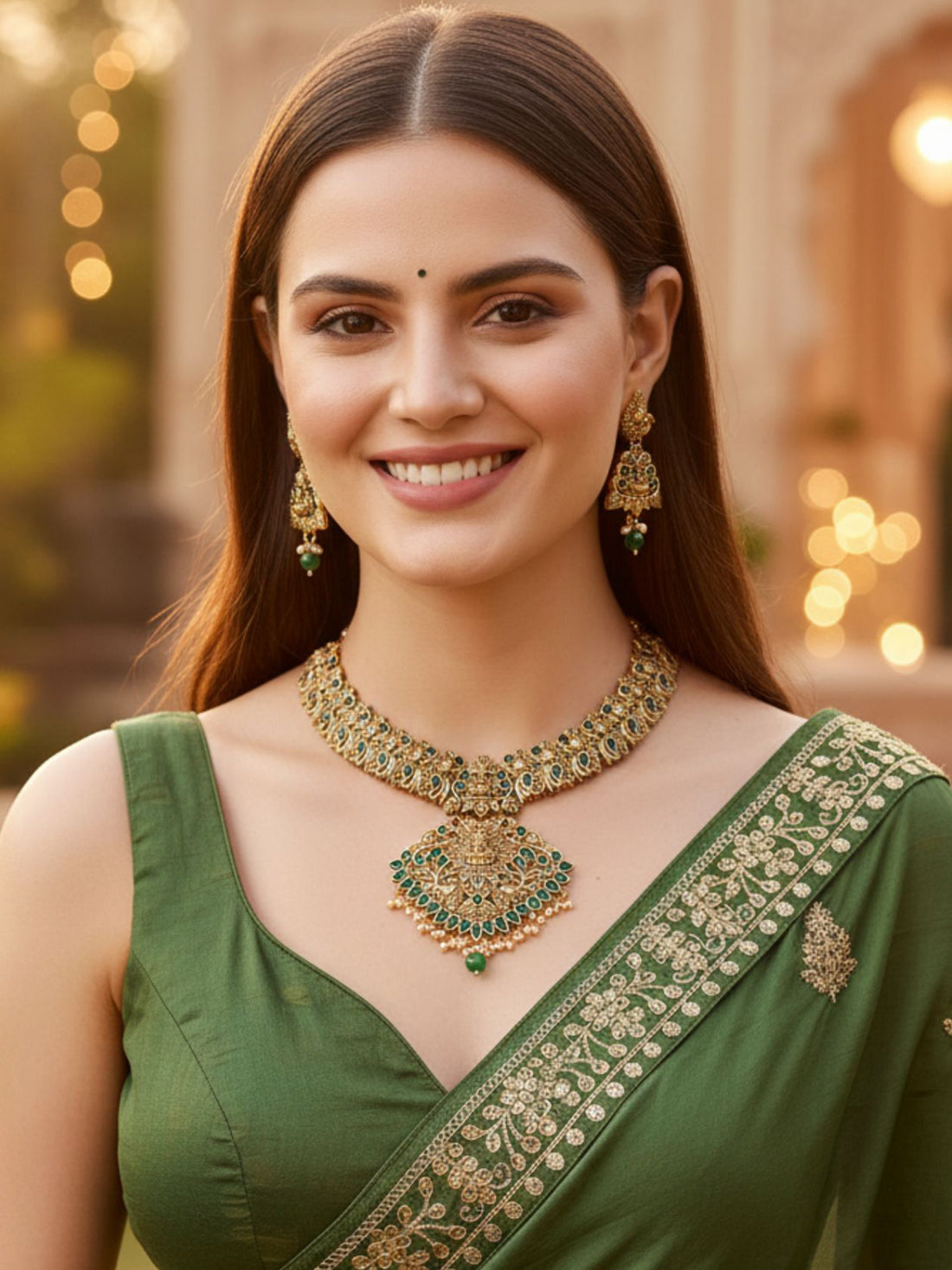 Karatcart Traditional Gold Plated Green Stone Laxmi Mata Temple Jewellery Set for Women