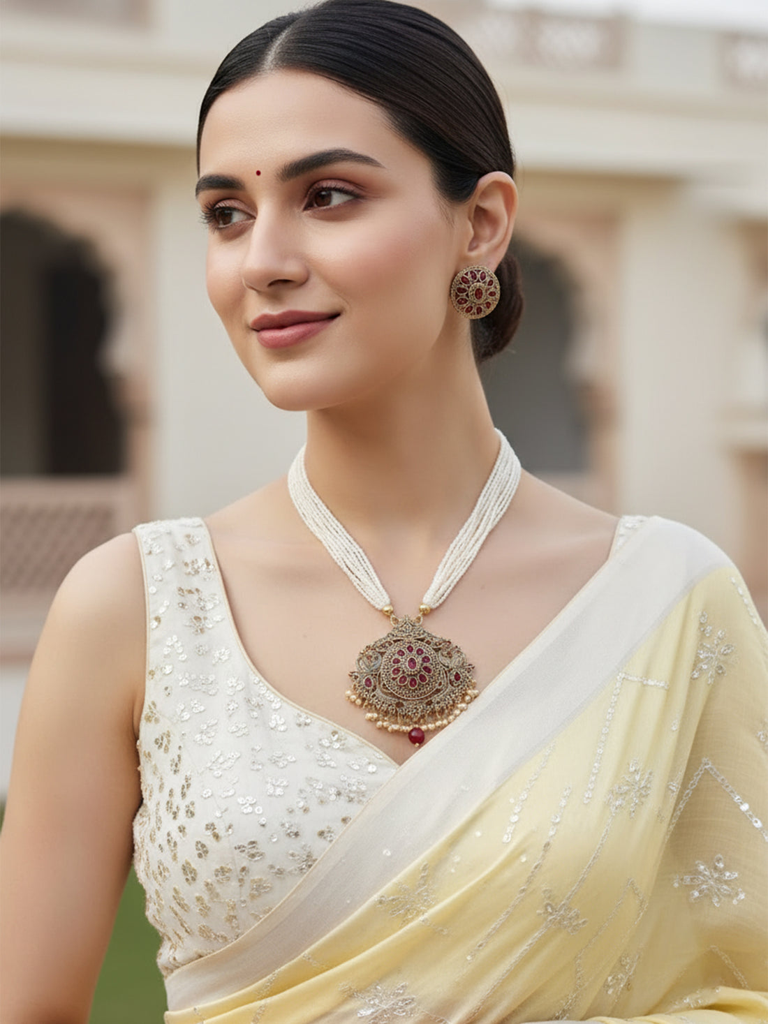 Karatcart Gold Plated Traditional Red Stone Chakra Long Temple Jewellery Set for Women