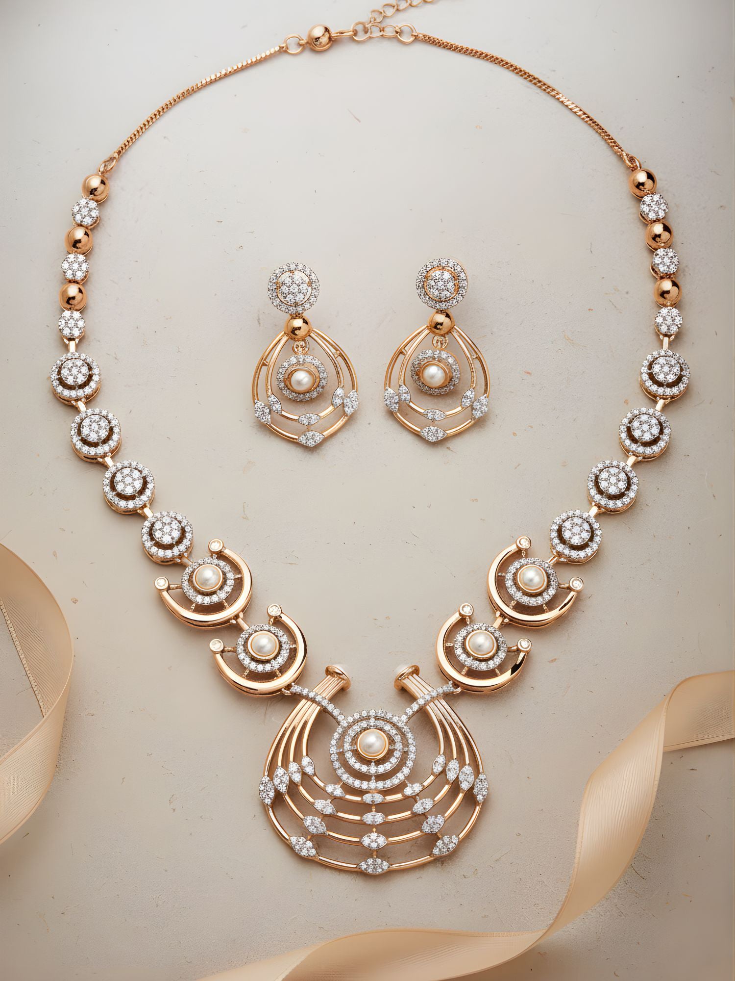 Karatcart Lightweight Rose Gold Plated Sparkling Cubic Zirconia Sleek Design Necklace Set for Women