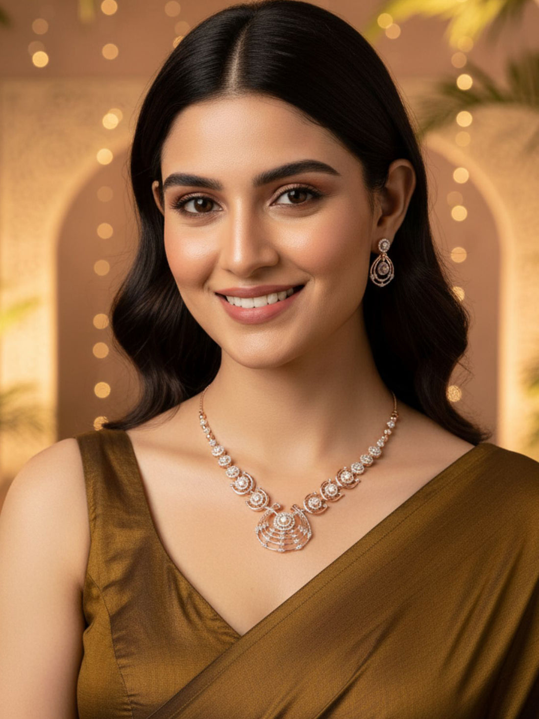 Karatcart Lightweight Rose Gold Plated Sparkling Cubic Zirconia Sleek Design Necklace Set for Women