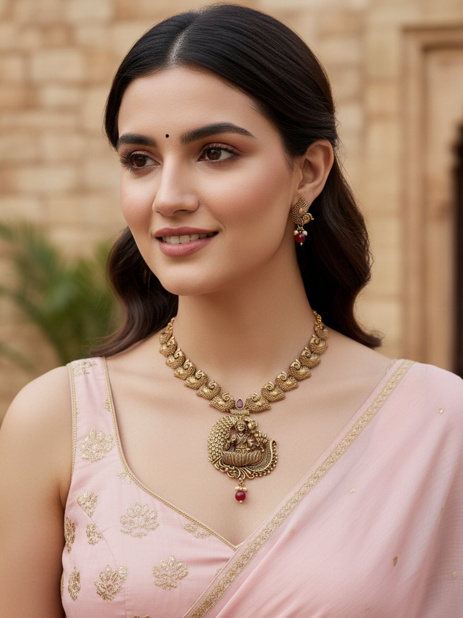 Karatcart Graceful Gold Plated Red Bead Laxmi Mata on Peacock Long Temple Jewellery Set for Women