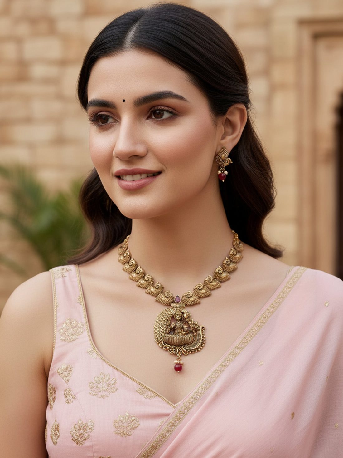 Karatcart Graceful Gold Plated Red Bead Laxmi Mata on Peacock Long Temple Jewellery Set for Women