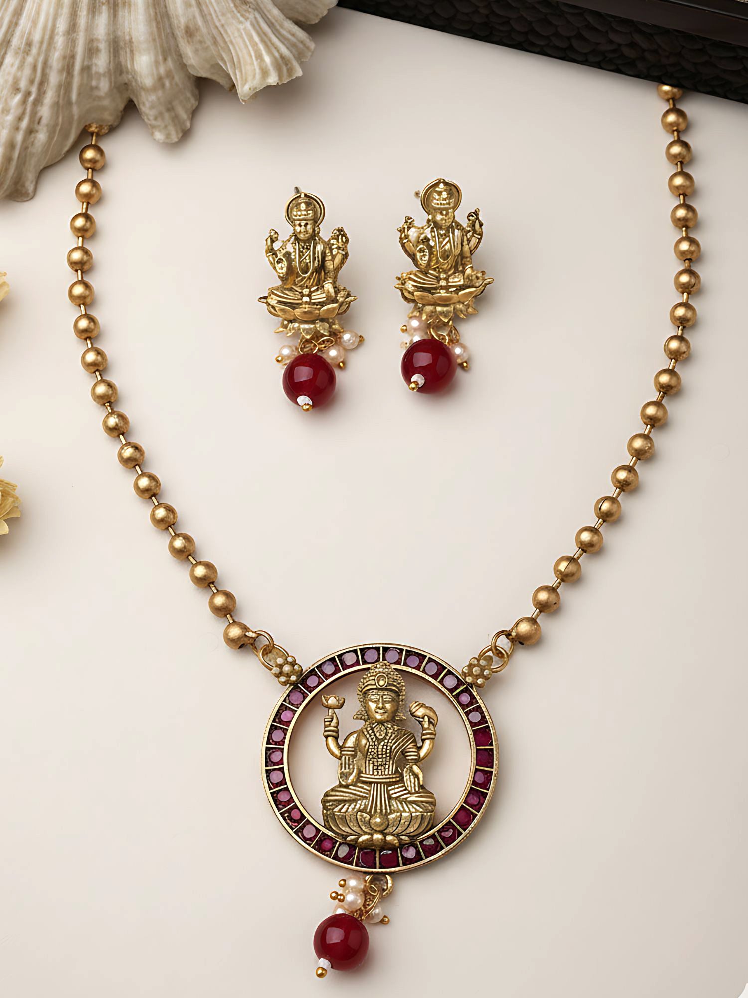 Karatcart Gold Plated Red Beads Laxmi Mata Pendant Temple Jewellery Set for Women
