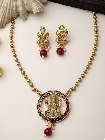 Karatcart Gold Plated Red Beads Laxmi Mata Pendant Temple Jewellery Set for Women