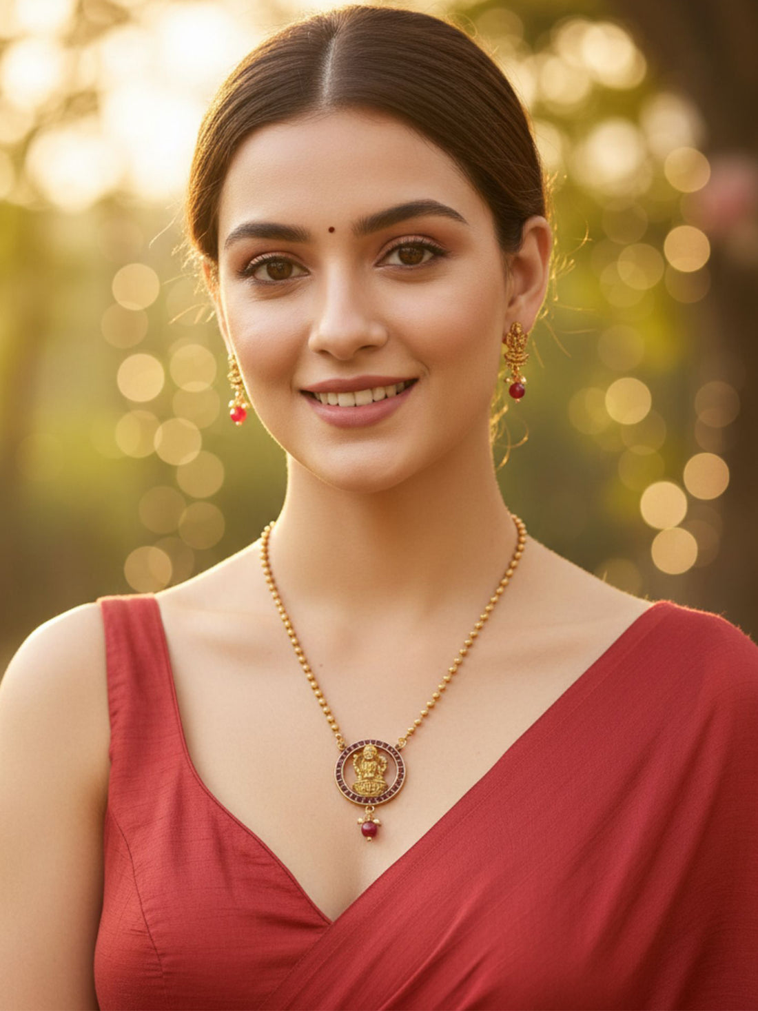 Karatcart Gold Plated Red Beads Laxmi Mata Pendant Temple Jewellery Set for Women