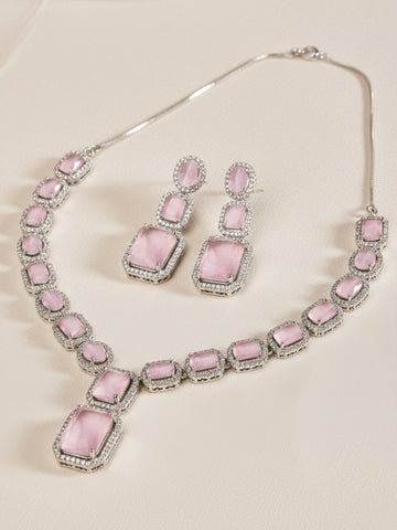 Karatcart Silver Tone Pink Cubic Zirconia Studded Necklace Set for Women