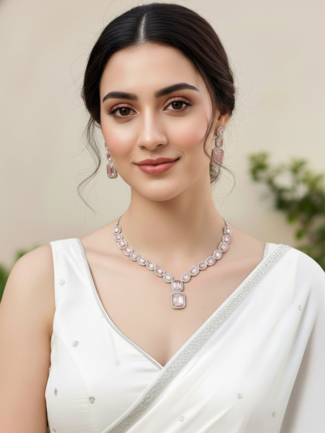 Karatcart Silver Tone Pink Cubic Zirconia Studded Necklace Set for Women