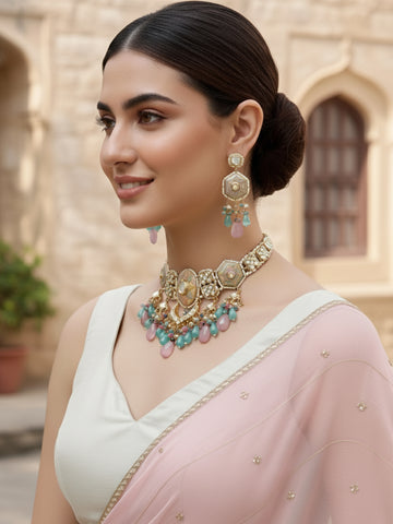 Karatcart Pink and Light Blue Crystal Gold Plated Polki Kundan Choker Necklace Set for Women