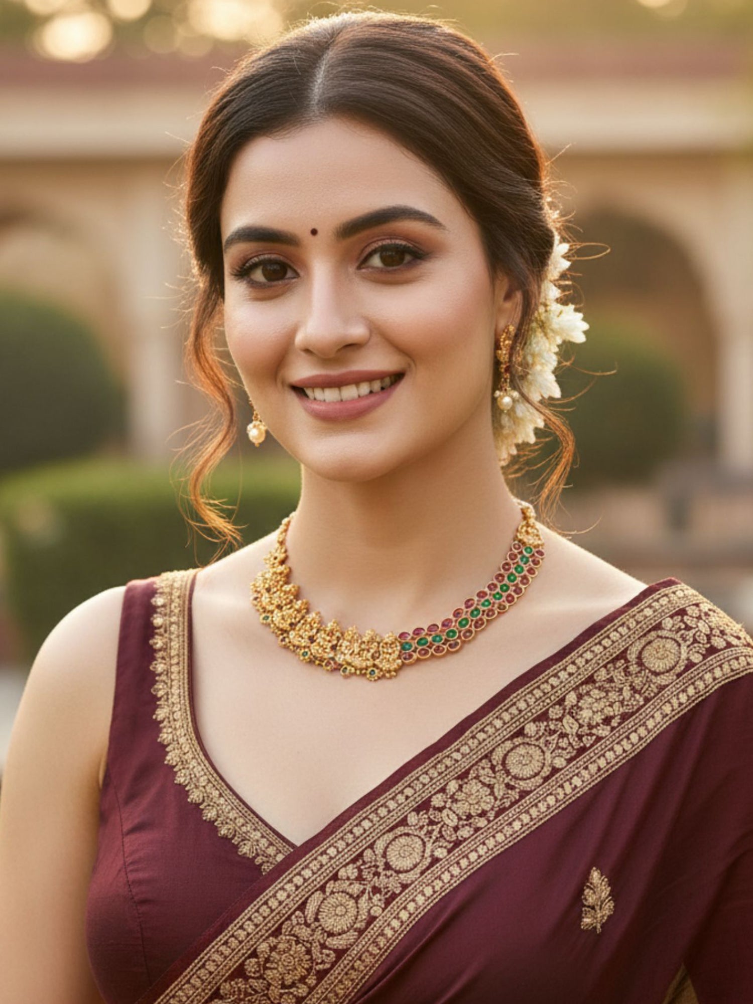 Karatcart Gold Plated Red and Green Stone Laxmi Mata Temple Jewellery Set for Women