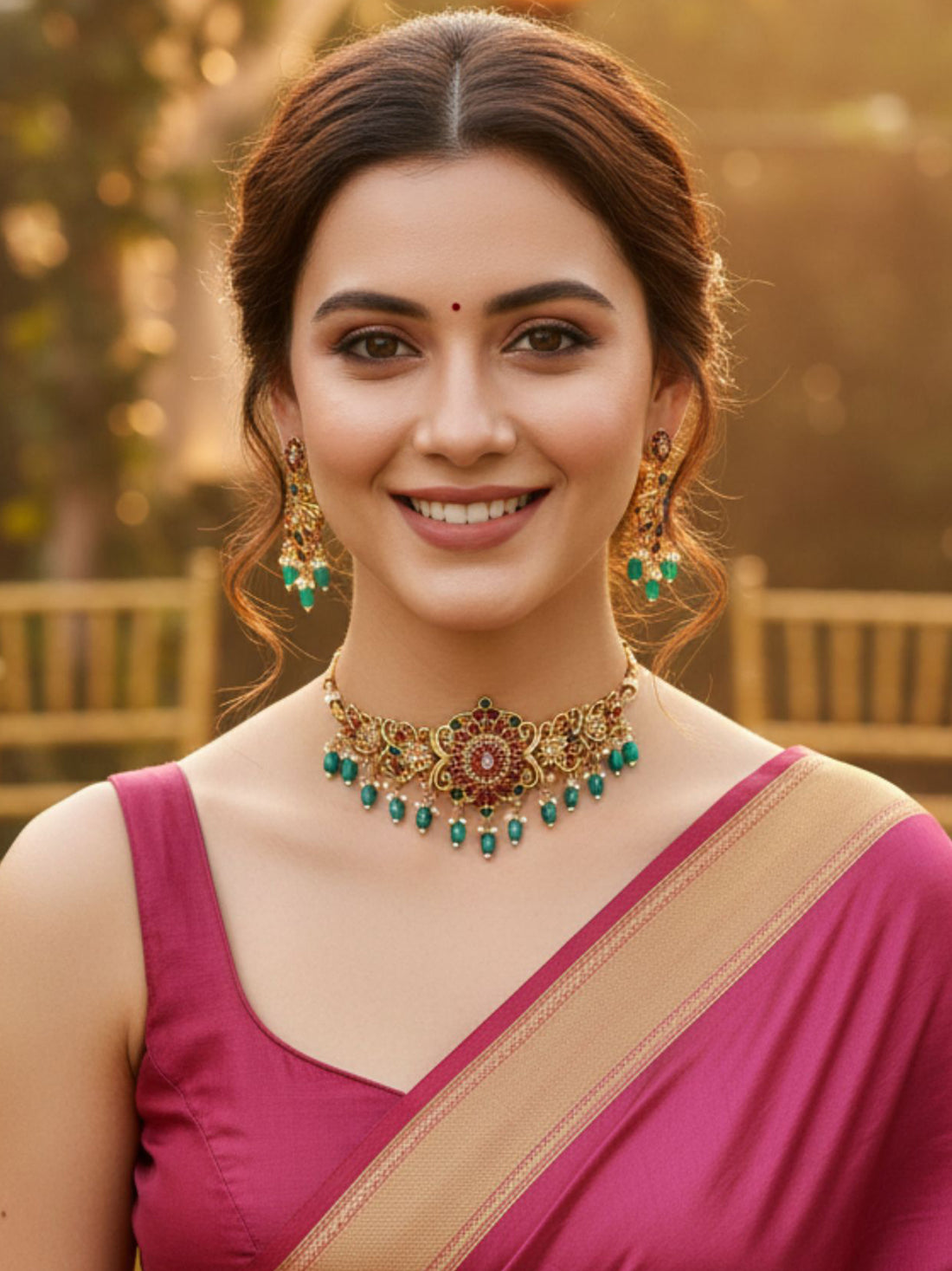 Karatcart Red and Green Stone Gold Plated Floral Temple Jewellery Set for Women