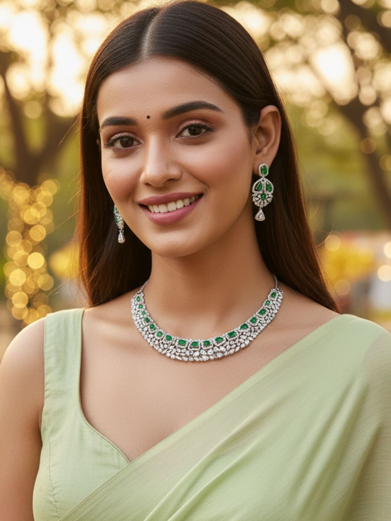 Karatcart Elegant Silver Plated Green AD Necklace Set for Women