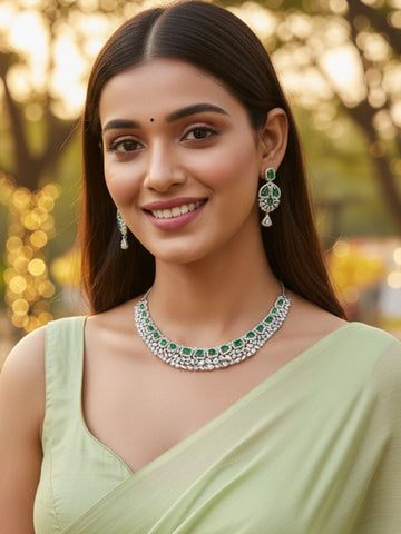 Karatcart Elegant Silver Plated Green AD Necklace Set for Women