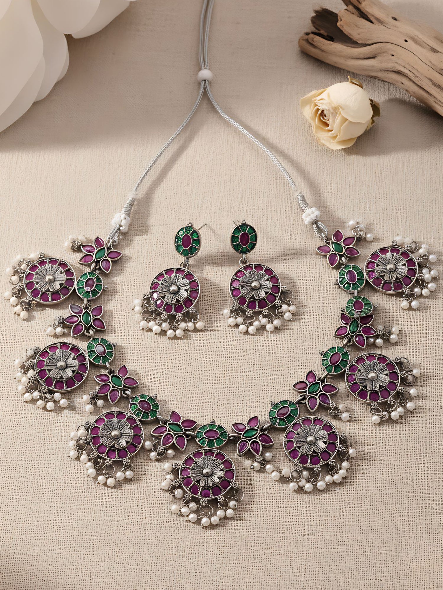 Karatcart Red and Green Stone Oxidised Silver Floral Jewellery Set for Women